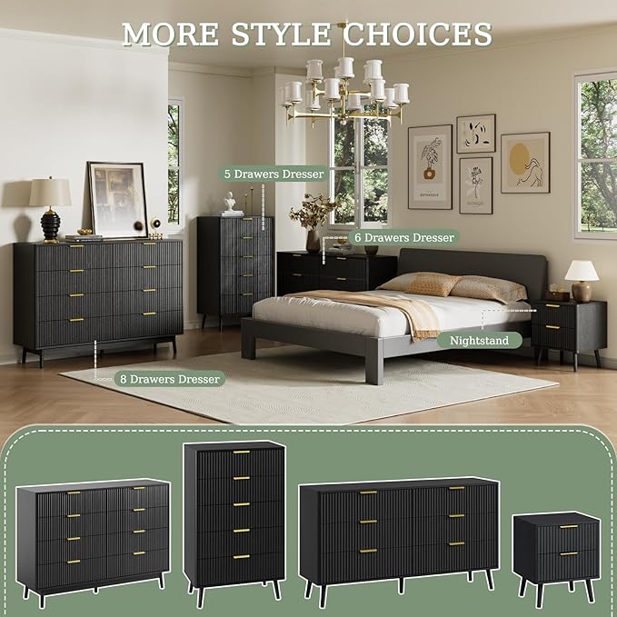 LYNSOM Fluted Dresser and Nightstand Sets 2 Piece, 2-Drawer Nightstands and 6-Drawers Dresser, Wood Bedroom Furniture Set for Home, Bedroom, Hallway, Black