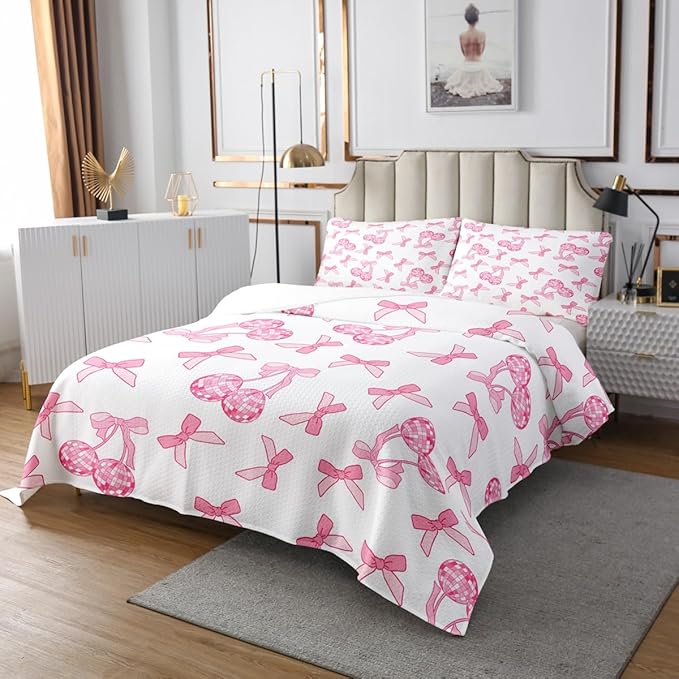 Cartoon Bowknot Kids Bedspread King Size,Western Cowgirl Disco Ball Retro Coverlet Set,Girls Women Room Decor,Bow Tie Cute Princess Quilted Coverlet,Pink Romantic Bedding Quilt,2 Pillowcases