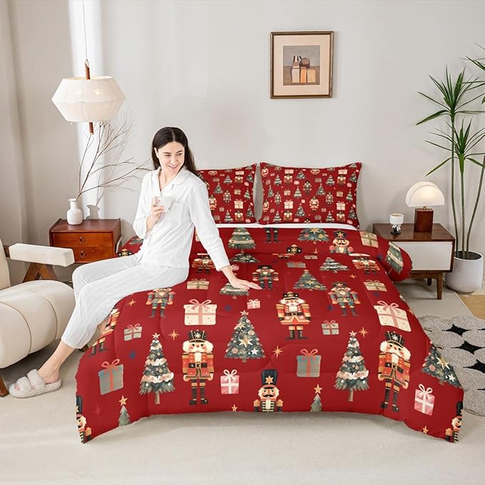 jejeloiu Xmas Nutcracker Comforter Set Queen Size Christmas Red Bedding Set for Kids Boys Girls Cute Snowflakes Duvet Quilt Bedroom Decor