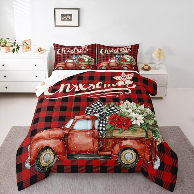 Kids Christmas Truck Comforter Set Twin Size,Floral Leaves Romantic Bedding,Girls Boys Adults Bedroom/Xmas Cabin Decor,Geometric Plaid Retro Down Comforter,Rustic Farm Duvet Insert,1 Pillowcase