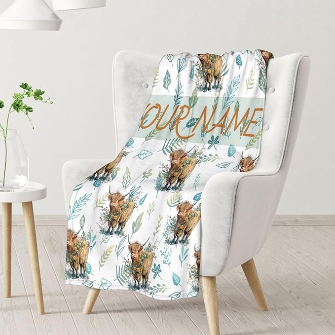Custom Highland Cow Blanket Gifts with Name. 50x40 Inches Cute Throw Blanket for Women Girls, Yellow Soft Fuzzy Vintage Blankets for Crib Couch Sofa Travel