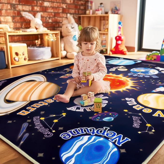Kids Rugs for Playroom, 4x5 Feet Educational Rug for Learn The ABC Alphabet, Soft Machine Washable Non-Slip Cute Space Galaxy Carpet for Classroom Toddler Nursery Kids Room Decor Mat