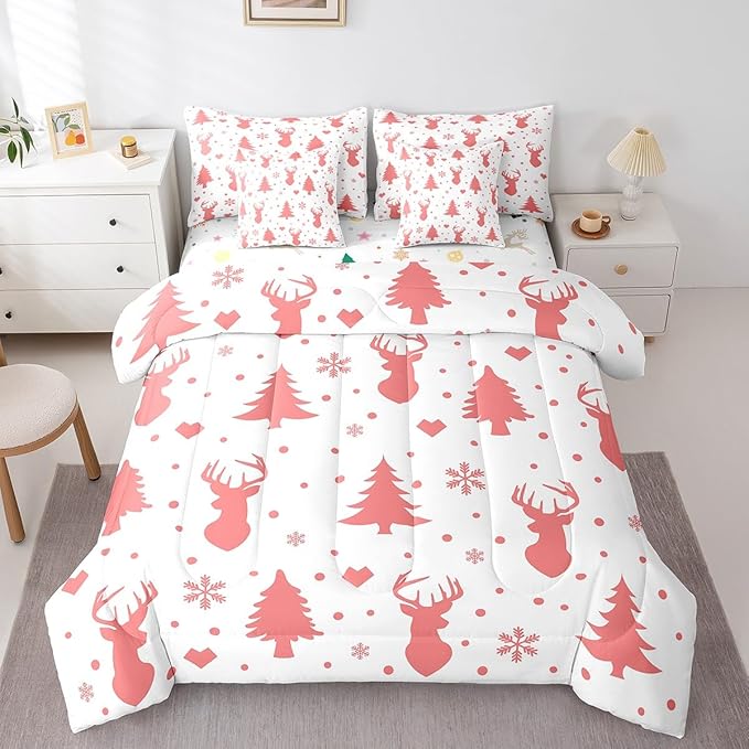 Feelyou Merry Christmas Bed in a Bag for Boys Girls Deer Silhouette Antler Cute Wildlife Bed Set Xmas Tree Snowflake Comforter Set with Sheets Pink Bedding Set Bedroom Collection Twin Size