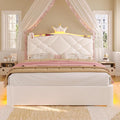 MSmask Full LED Bed Frame with Storage Headboard & 2 Storage Drawers, Princess Upholstered Bed with Charging Station & Crystal Button & Crown, Velvet Platform Bed for Girls, Curved Legs, White