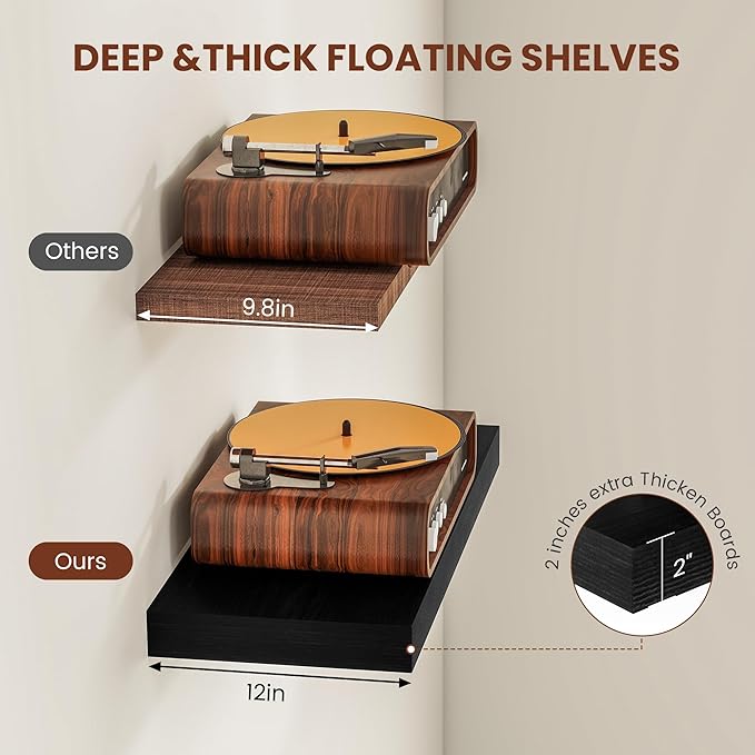 Vivelove 2 inch Thick Floating Shelves for Wall 55 Inches Long, 12" Deep Wall Shelves, for Bedroom, Bathroom, Living Room, Kitchen, Office, Modern Home Decor, 48" X 12" X 2", Set of 2, Black