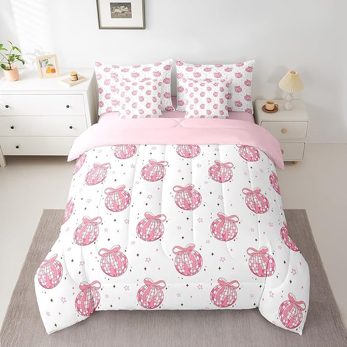 7 Pieces Bow Tie Princess Comforter Queen,Western Cowgirl Disco Crystal Ball Dreamy Bedding Set,Star Bowknot Patchwork Romantic Pink（Comforter+Fitted+Flat Sheet+2 Pillowcases+2 Throw Pillow Covers）