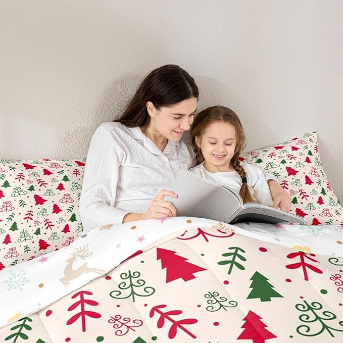 Castle Fairy Christmas Trees Comforter Set Queen Size,Red Green Pine Plant Hand Sketch Bedding Set for Women Adult,Winter Xmas Natural Botanical Luxury Bed Duvet Insert, 2 Pillowcases