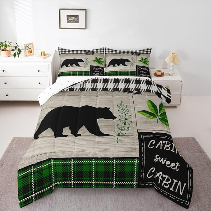 Bear Silhouette Kids Comforter Set Twin Size,Leaves Wooden Plank Bedding,Girls Boys Adults Bedroom/Xmas Cabin Decor,Geometric Grids Retro Down Comforter,Rustic Farmhouse Duvet Insert,1 Pillowcase
