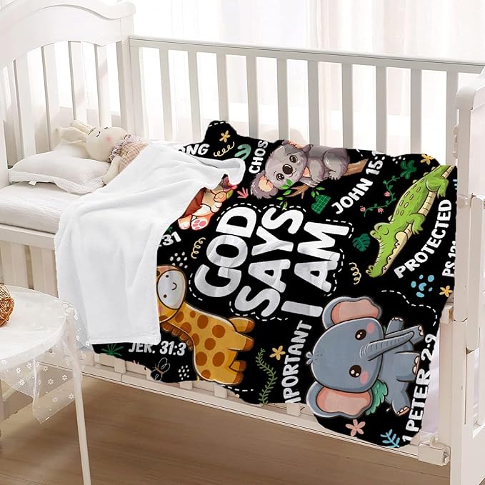 Bible Verse Blanket, Christian Gifts, God Says I am Blankets,Giraffe Lion Koala Elephant Print Animal Blankets, Cute Religious Baptism Gift for Son,Animals Lover Room Bed Decoration, 50"x60"