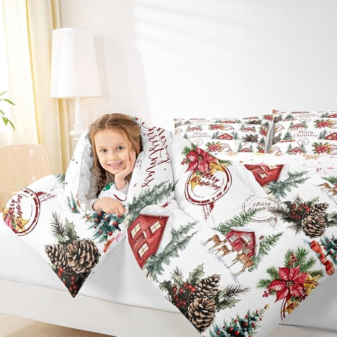 Merry Christmas Kid Comforter Set Full Size,Poinsettia Winter Xmas Pine Tree Bedding Set,Room Decor,Snowflake Rustic Farmhouse Quilt Comforter,Red Green White Duvet Set Bedroom Quilt Set,2 Pillowcases