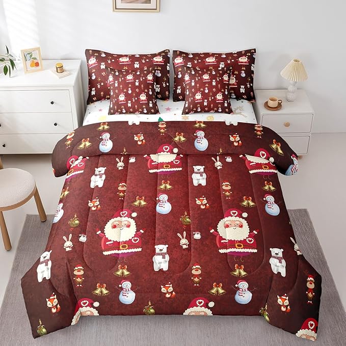 Christmas Kids Bed Set Cute Snowman Santa Claus Decorations Bed in a Bag Boys Girls Bear Rabbit Comforter Set with Sheets Christmas Bells Cartoon Design Bedding Set Bedroom Collection King Size