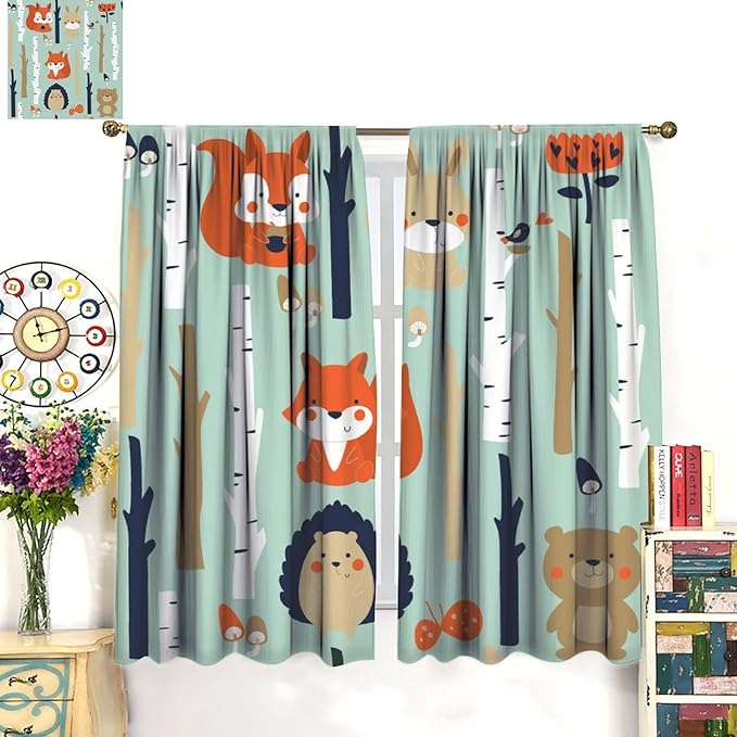 Cute Animals Curtains, Cartoon Fox Hedgehog Hare Forest Trees Blackout Window Treatments, Rod Pocket Thermal Insulated Drapes 2 Panel Sets for Kids Bedroom Nursery Classroom, 84" W X 84" L