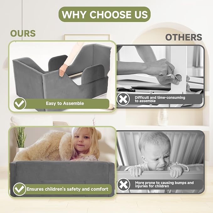 Toddler Floor Bed with Removable Safety Rails and Storage Bag, Kids Bed for Girl and Boys, Standard Crib Size, Safety Upholstered Child Beds, Low to Floor Design