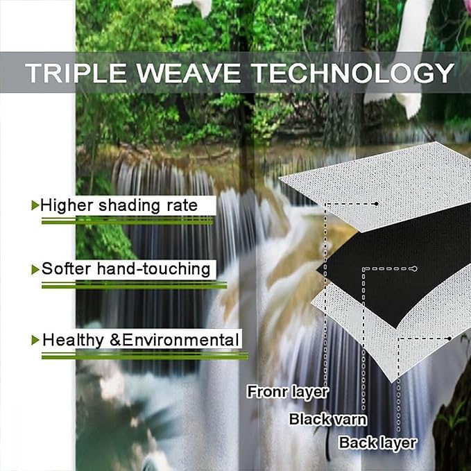 Nature Blackout Curtain, Waterfall Landscape Forest Swan Fish Pattern Rod Pocket Window Drapes, for Bedroom Living Room 42" W X 63" L
