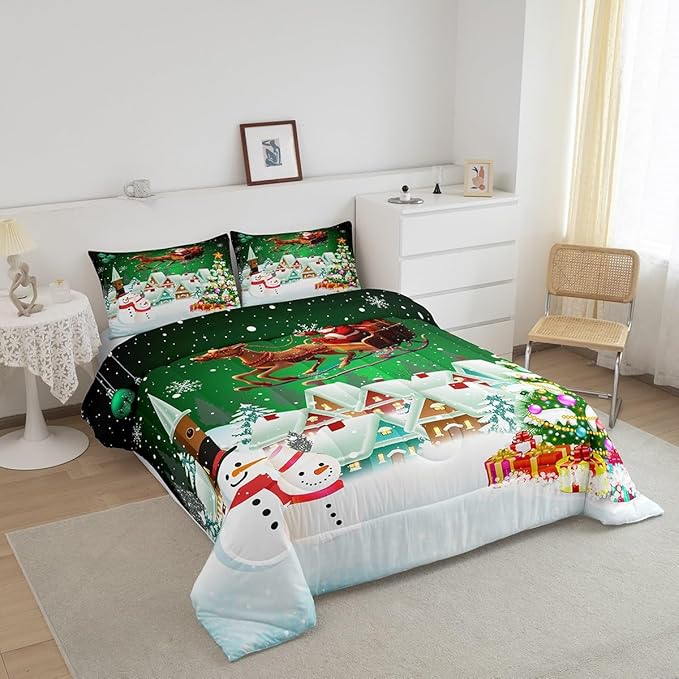 Manfei Christmas Comforter Set Full Size, Snowman Xmas Tree Quilt Set with 2 Pillowcases, Santa Claus with Deer Bedding Set 3pcs for Kids Boys Girls Room Decor New Year Theme Duvet Insert