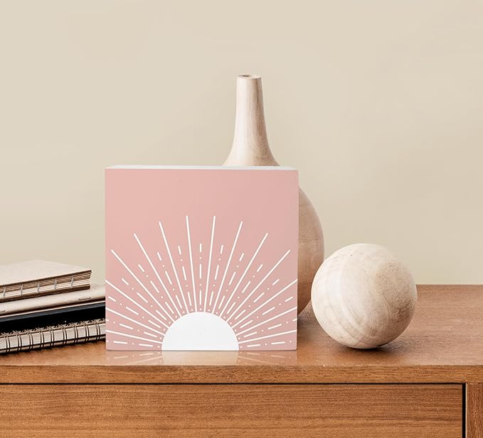 KU-DaYi Abstract Boho Sun Sunrise Sunshine Blush Pink Wood Box Sign Rustic Farmhouse Style Wood Block Plaque Decor for Bohemian Home Girls Room Wall Desk Shelf Decoration