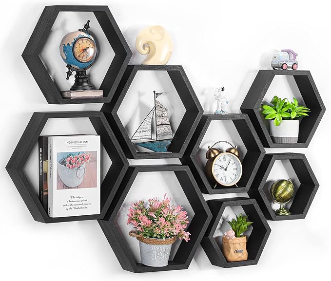 CADUKE Hexagon Shelves for Wall Hexagonal Floating Shelves Set of 8 Honeycomb Wood Shelves for Wall Decor, Hanging Plants Shelf for Living Room Storage Hexagon Racks for Bedroom, Black