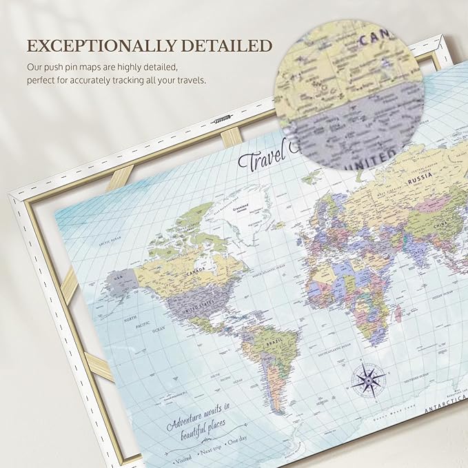 ElephantStock - Push Pin Travel Map World I Wall Art - Horizontal Canvas Wall Art - Living Room Wall Decor - Printmaking Map Canvas Art - Blue And Beige Decor - 12" x 8"