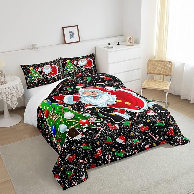 Feelyou Merry Christmas Comforter Set Santa Claus Christmas Tree Galaxy Red Black Bedding Quilt,Soft Warm Lightweight,Queen Size for Girls Boys Kids 1 Comforter + 2 Pillow Cases Boys
