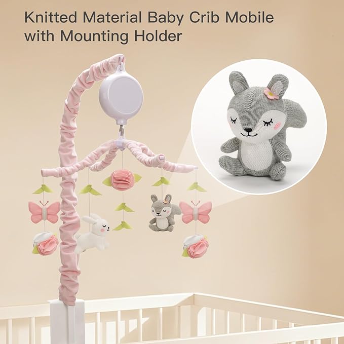Baby Crib Mobile for Girls, Soft Knitted Woodland Characters Rabbit Squirrel, Pink and White Nursery Decor, Calming Soother with 12 Lullabies Essential and Perfect Gift for Girls