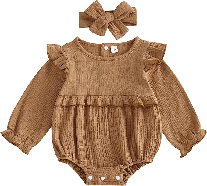 Newborn Infant Baby Girl Clothes Cotton Linen Long Sleeve Smocked Bubble Romper Ruffle Bodysuit Jumpsuit Fall Outfit