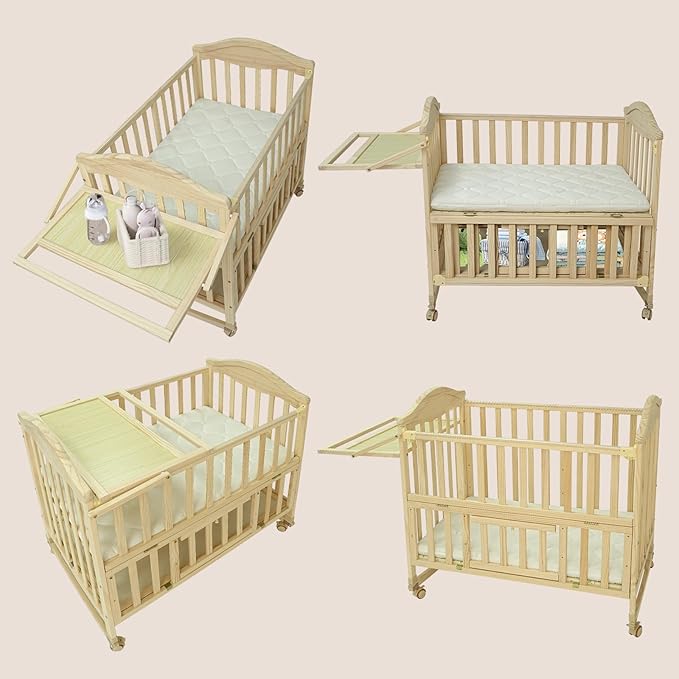 Portable Mini Baby Crib - Cunas para Bebes with Changing Shelf and Mattress Included,2025 Wheeled Wood Baby Bassinet,Bassinet Bedside Co Sleeper for Small Room,Unpainted