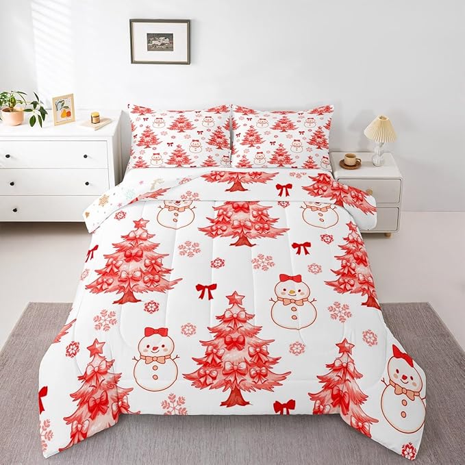 Feelyou Merry Christmas Comforter Set Toddler Size Cute Snowman Bedding Set for Kids Boys Girls Cartoon Bowknot Duvet Quilt Christmas Tree Microfiber 2 Pcs with 1 Pillow Cases