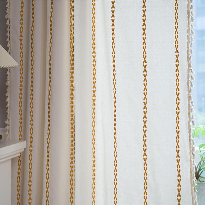 Deeprove Gold Yellow Boho Curtains 84 inches Long for Bedroom, Vintage Bohemian Embroidery Farmhouse Cotton Striped Linen Country Tassel Window Treatments Fall Thanksgiving Decor, W52 x L84, 1 Panel