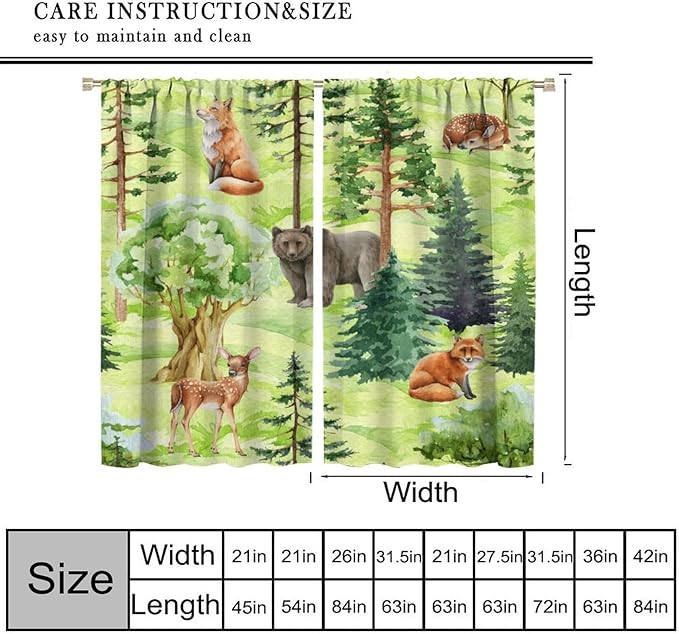 Woodland Animal Curtains, Watercolor Jungle Animals Fox Bear Pattern Blackout Window Treatments, Rod Pocket Thermal Insulated Drapes 2 Panel Sets for Kids Bedroom Nursery Classroom, 52" W X 84" L