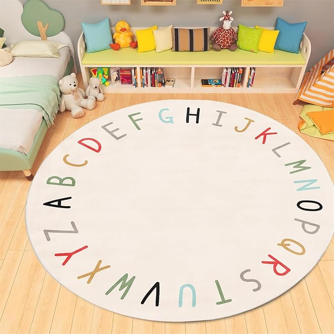Round ABC Rugs-2.6ft Kids Round Rug Alphabet Numbers Shapes Educational Kid Area Rug Non Slip Kid Play Mat Carpet for Girl Boy Bedroom Playroom-White
