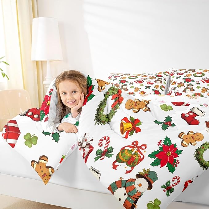 jejeloiu Merry Christmas Comforter Set King Size Cute Snowman Bedding Set for Kids Boys Girls Gingerbread Man Duvet Quilt White Bedroom Decor