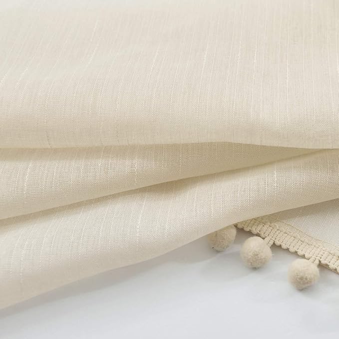 Treatmentex Pompom Linen Sheer Curtains for Living Room 84inches Long Decorative Natural Window Curtain Draperies for Kids Bedroom Slub Textured Voile 52" W, 1 Pair, Beige