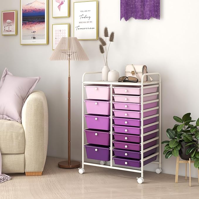 RELAX4LIFE 15 Drawer Rolling Storage Cart - Mobile Craft Art Supply Storage Organizer for Tool Scrapbook Paper Salon, Office School Classroom Teacher Rolling Cart with Drawers, Utility Cart on Wheels