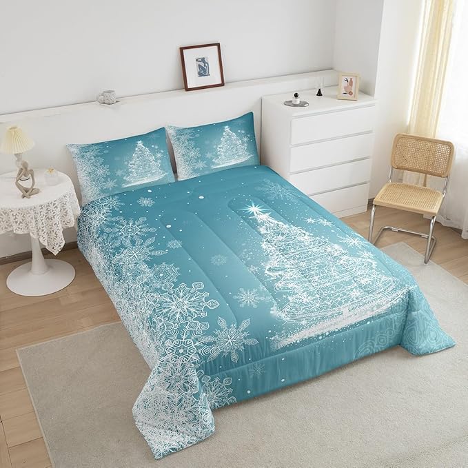 Castle Fairy Merry Christmas Full Size Comforter Set,Glitter Xmas Trees Shiny Light Decor Bedding Comforters Bedroom Collection,Blue Shiny Stars Snowflake Bedding Set for Girls Teens