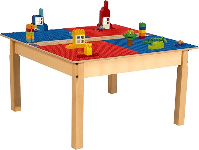 Contender Time-2-Play 35" W Square Red and Blue Compatible with Duplo Blocks Play Table with 18" Long Legs, Natural Finish Birch Children Activity Play Table, Solid Wood Desk for Playroom
