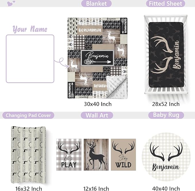 Personalized Baby Crib Bedding Set, 5 Pcs Custom Name Nursery Bedding Set for Girls Boys, Woodland Deer Baby Crib Set for Toddlers Infants, Double Layer Bedding Crib Sets Customized Gifts
