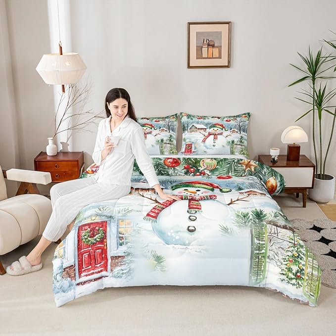 Castle Fairy Merry Christmas Comforter Set Queen Size,Watercolor Cute Snowman Pine Trees Bedding Set for Women Adult,Xmas Cartoon Decor Natural Luxury Bed Duvet Insert, 2 Pillowcases