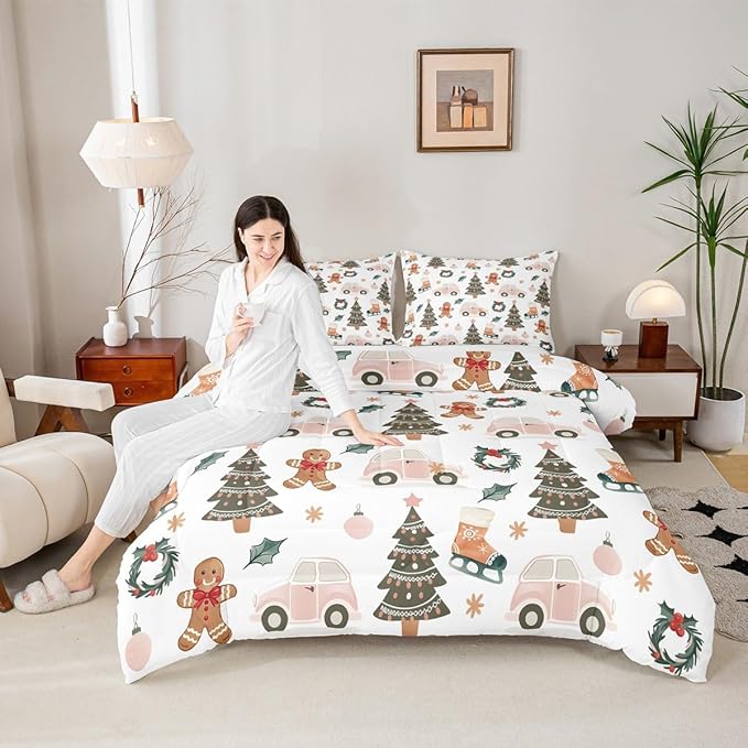 Feelyou Xmas Tree Car Comforter Set All Season Gingerbread Man Bedding Set with 1 Pillow Cases Garland Microfiber Kids Toddler Bedclothes Bedroom Decor Duvet Quilt Breathable Soft