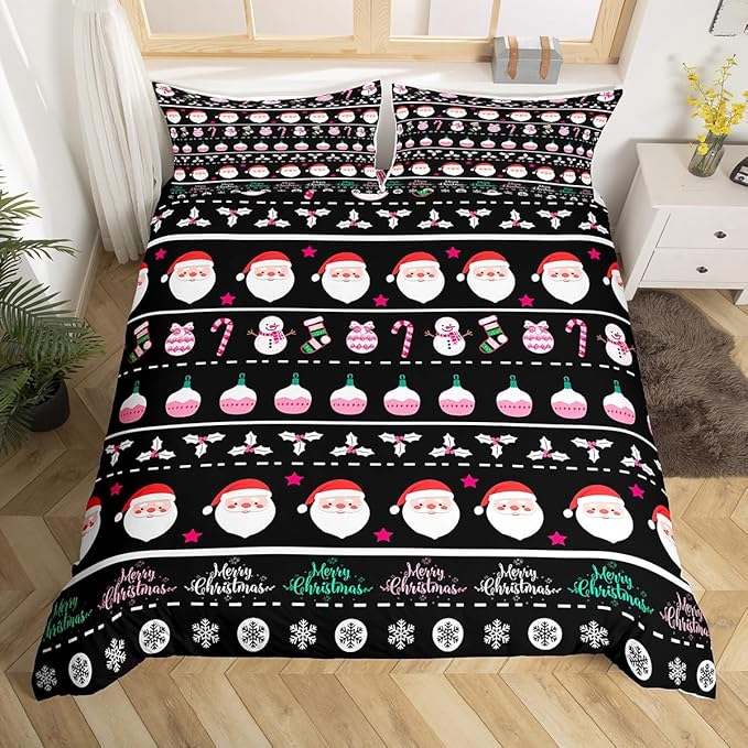 Merry Christmas Decorative Comforter Cover Full Size Xmas Cartoon Santa Claus Snowmen Duvet Cover Winter New Year Bedding Set Gifts for Kids Boys Girls 2 Pillow Cases