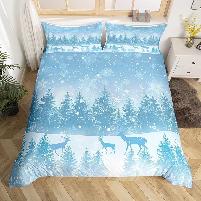 Manfei Blue Glitter Duvet Cover Set Full Size, Xmas Trees Deers Snowflakes Print Comforter Cover with 2 Pillowcases, New Year Theme Bedding Set 3pcs for Kids Girls Teens Bedroom Decor,No Comforter