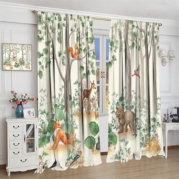 Forest Animal Curtains,Fox Elk Bird Animal Watercolor Woodland Print Curtains Kids Nursery Bedroom Living Room Home Decoration 63x72in