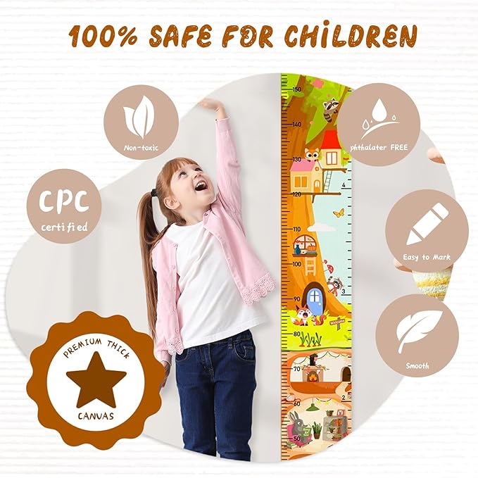 Personalized Name Height Chart for Kids, Kids Growth Chart for Wall, 59" X 7.9" Canvas Removable Height Chart Measuring Ruler for Kids & Baby（Paint Animal Home）