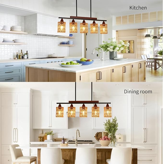 35in Farmhouse Rattan Chandelier Wood Boho Pendant Lighting 5-Light Kitchen Island Light Fixtures Linear Pandeant Light Fixture Rectangle Chandeliers for Dining Room Living Room