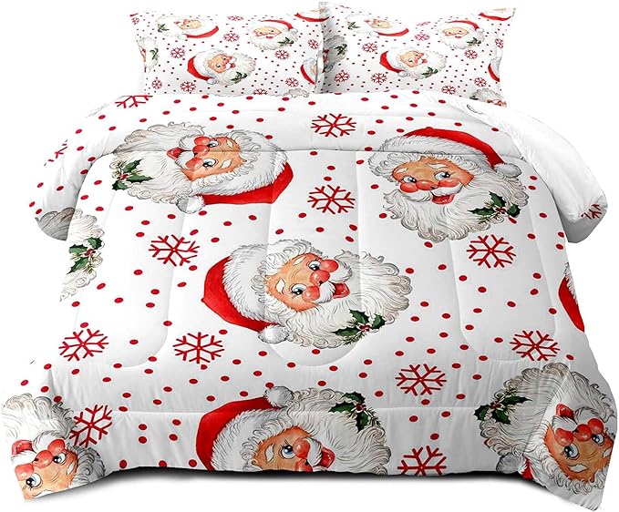 LUVIVIHOME 3PCS Merry Christmas Comforter Set King Size, Red Snowflake Funny Santa Claus Bedding, Christmas Bedroom Decor, Soft Breathable Microfiber White Quilt, Xmas Gifts, 2 Pillow Shams