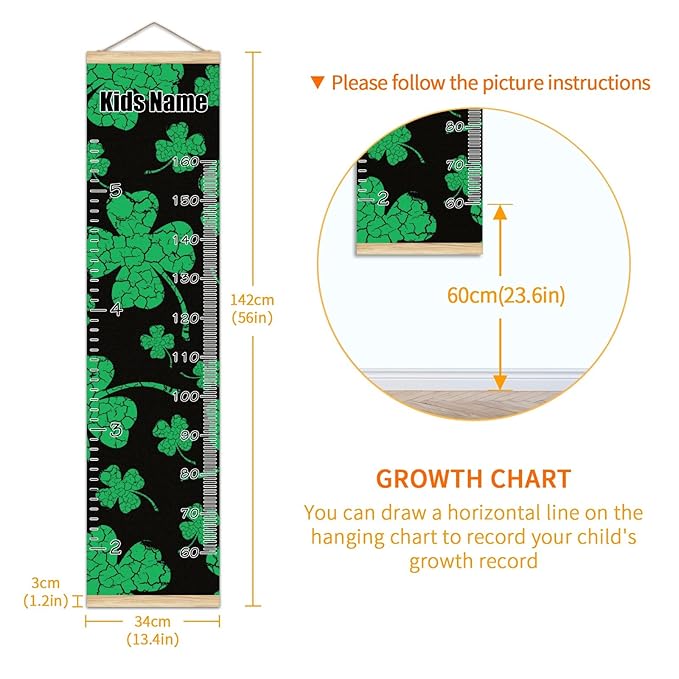Personalized Kids Name Growth Chart Ruler for Wall Wood Frame Height Measure Chart 13.4x56 in Linen Hanging Height Growth Chart St Patrick Day and Clover Leaves Kids Room Decor