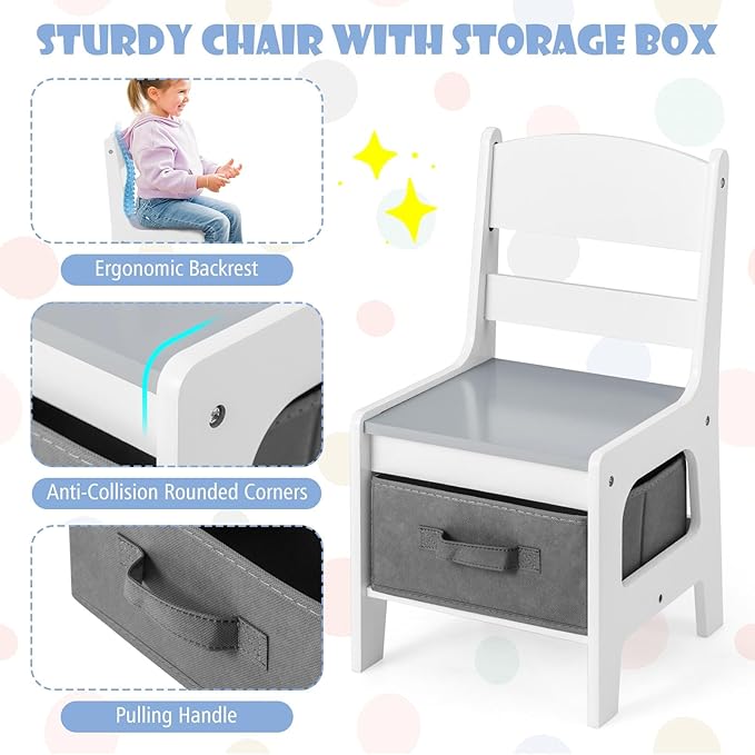 HONEY JOY Kids Table and Chairs, 3-in-1 Children Wooden Activity Set with Storage, Detachable Tabletop, for Art, Craft, Drawing, Reading, Gift for Toddlers Boys Girls 3-7 Years Old (Grey)