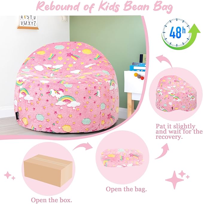 COMAX Bean Bag Chairs for Kids, Unicorn Toddler BeanBag Sofa with Filler Bean Couch Stuffed for Boys and Girls, Lazy Floor Chair Colorful Unicorn