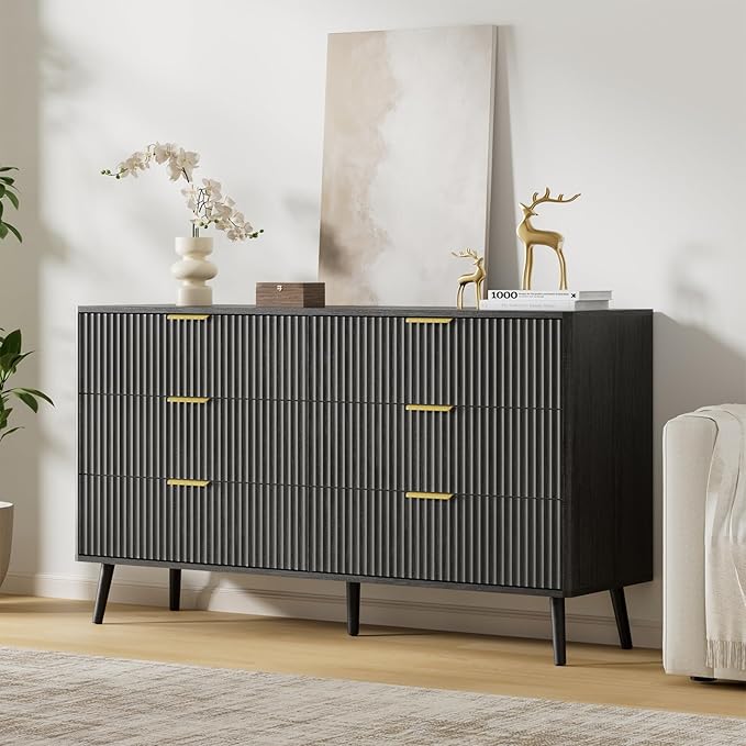 LYNSOM Fluted Dresser and Nightstand Sets 2 Piece, 2-Drawer Nightstands and 6-Drawers Dresser, Wood Bedroom Furniture Set for Home, Bedroom, Hallway, Black