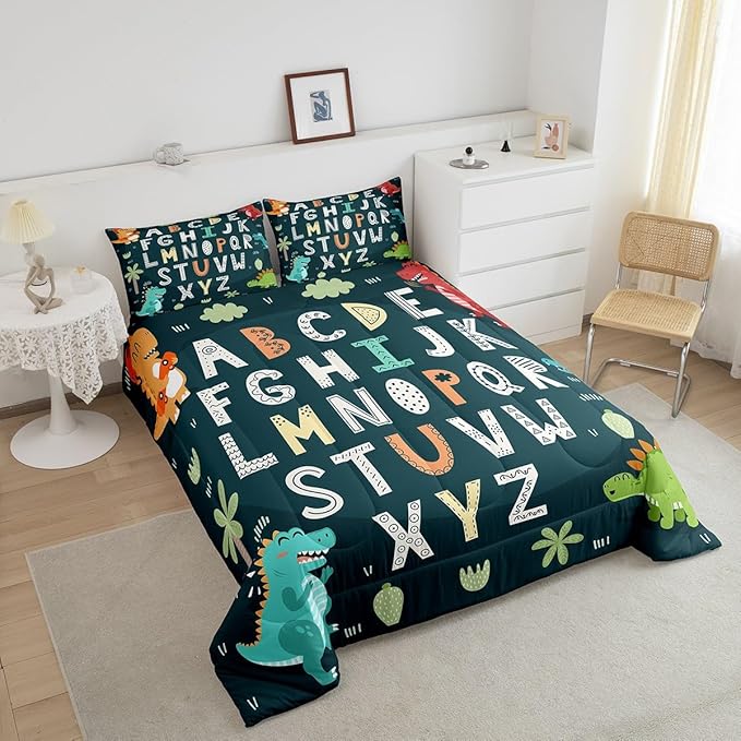 Feelyou Alphabet Kids ABC Learning Bedding Set Queen Size, Cartoon Dino Comforter Kids Educational Nursery Art Comforter Set for Boys Girls Jungle Dino Duvet Set Durable Bed Set 3Pcs