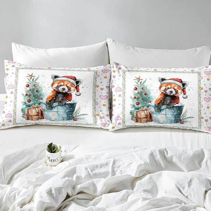 Feelyou Christmas Duvet Cover Set Xmas Tree Bedding Set for Kids Boys Girls Red Panda Love Print Comforter Cover Cute Animal Quilt Cover Room 3Pcs Full Size,Zipper,No Comforter